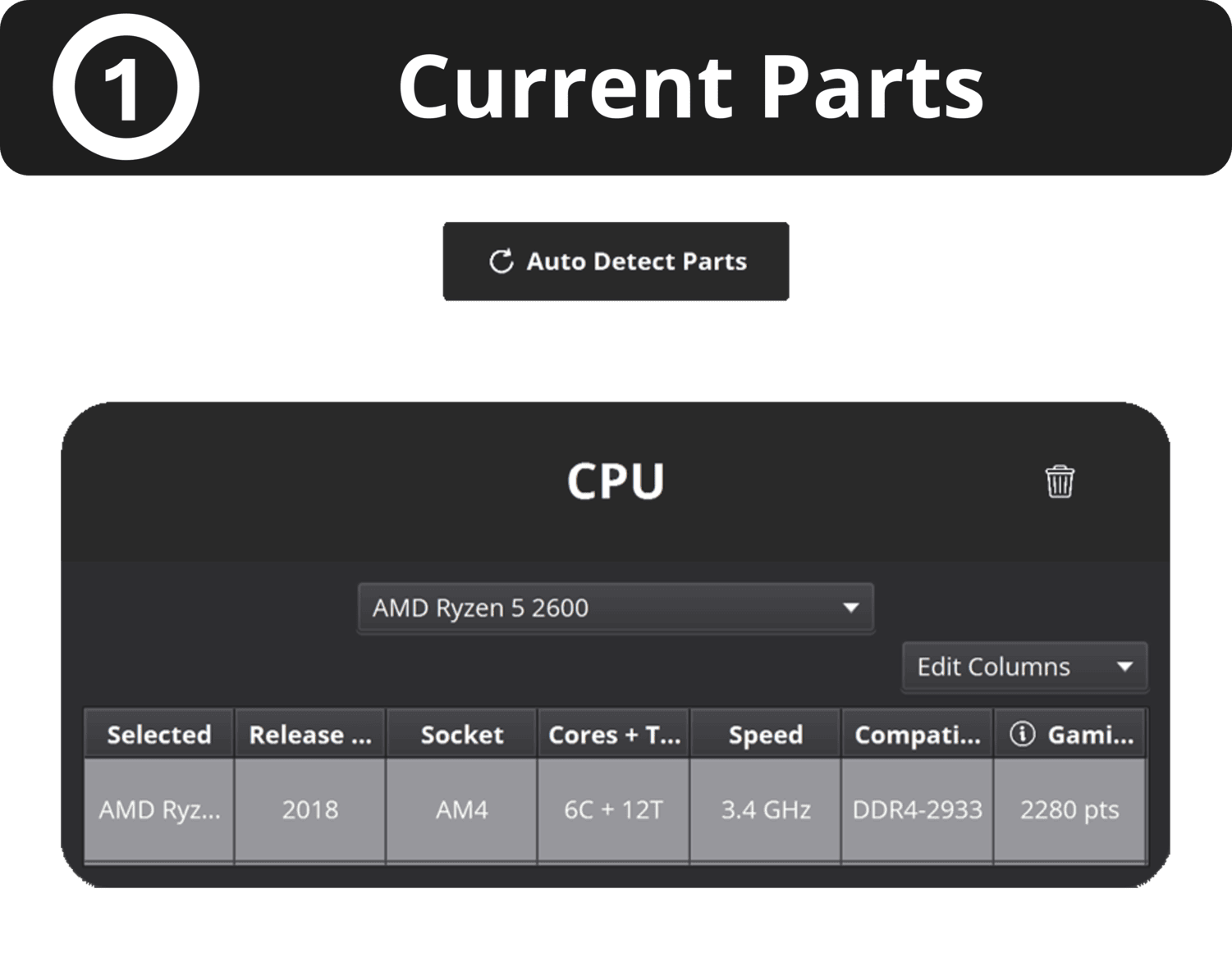 Image of 1st step in program: Select current parts