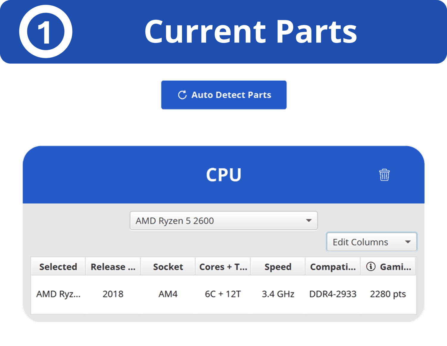 Image of 1st step in program: Select current parts