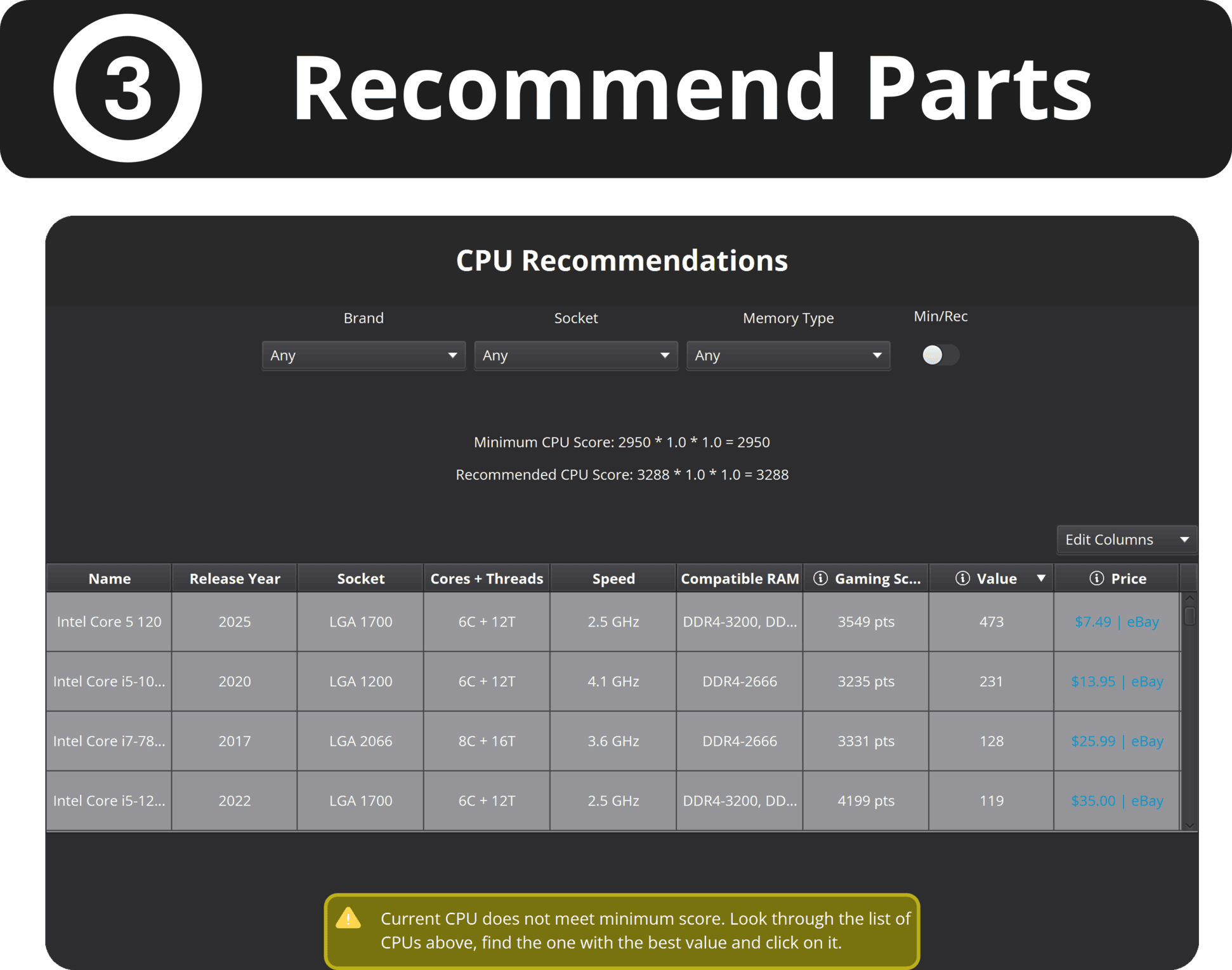 Image of 3rd step in program: Program recommends parts