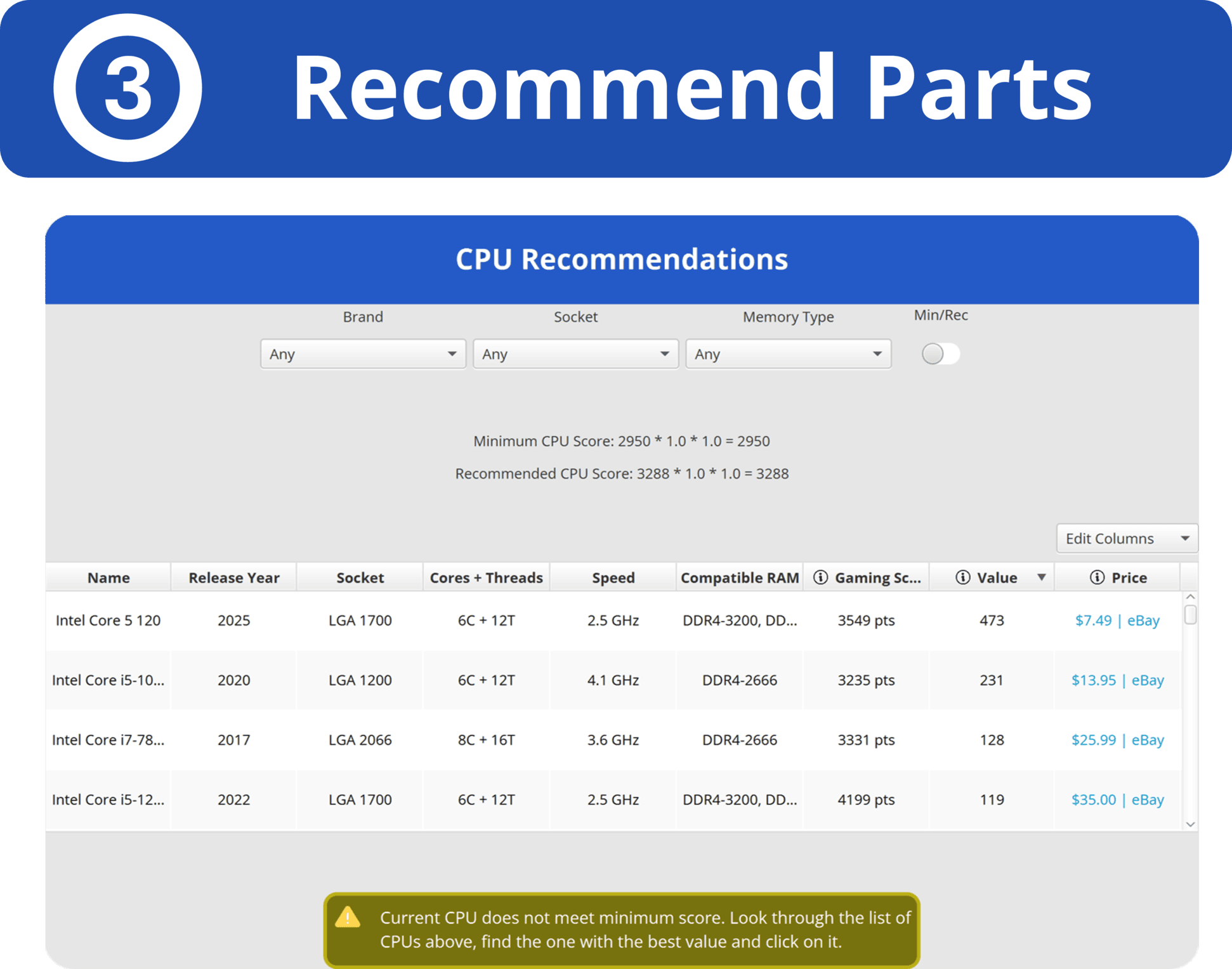 Image of 3rd step in program: Program recommends parts